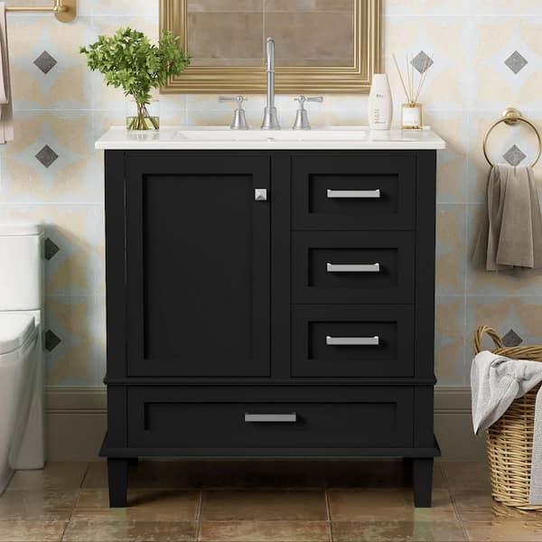 30 in. Black Bath Vanity with White Ceramic Top Sink with a Soft Closing Door and 3 Drawers