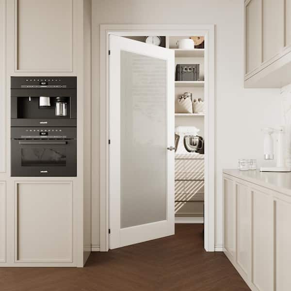 36 in. x 80 in. 1-Lite Tempered Frosted Glass White Primed Solid Core MDF Wood Interior Door Slab with Pantry Sticker