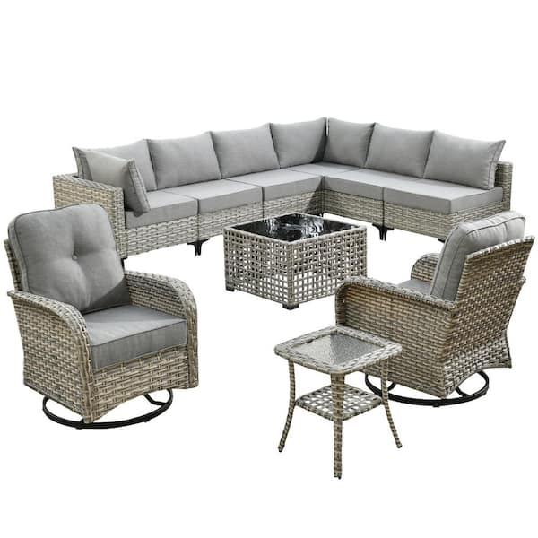 Aquarius 10-Piece Wicker Patio Conversation Seating Sofa Set with Dark Gray Cushions and Swivel Rocking Chairs