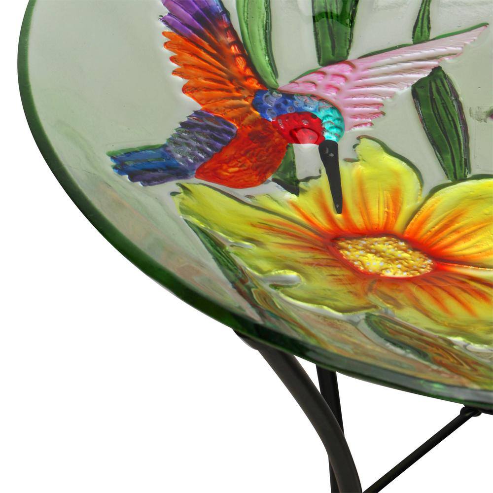 Colorful Glass Birdbath with Metal Stand, 18"
