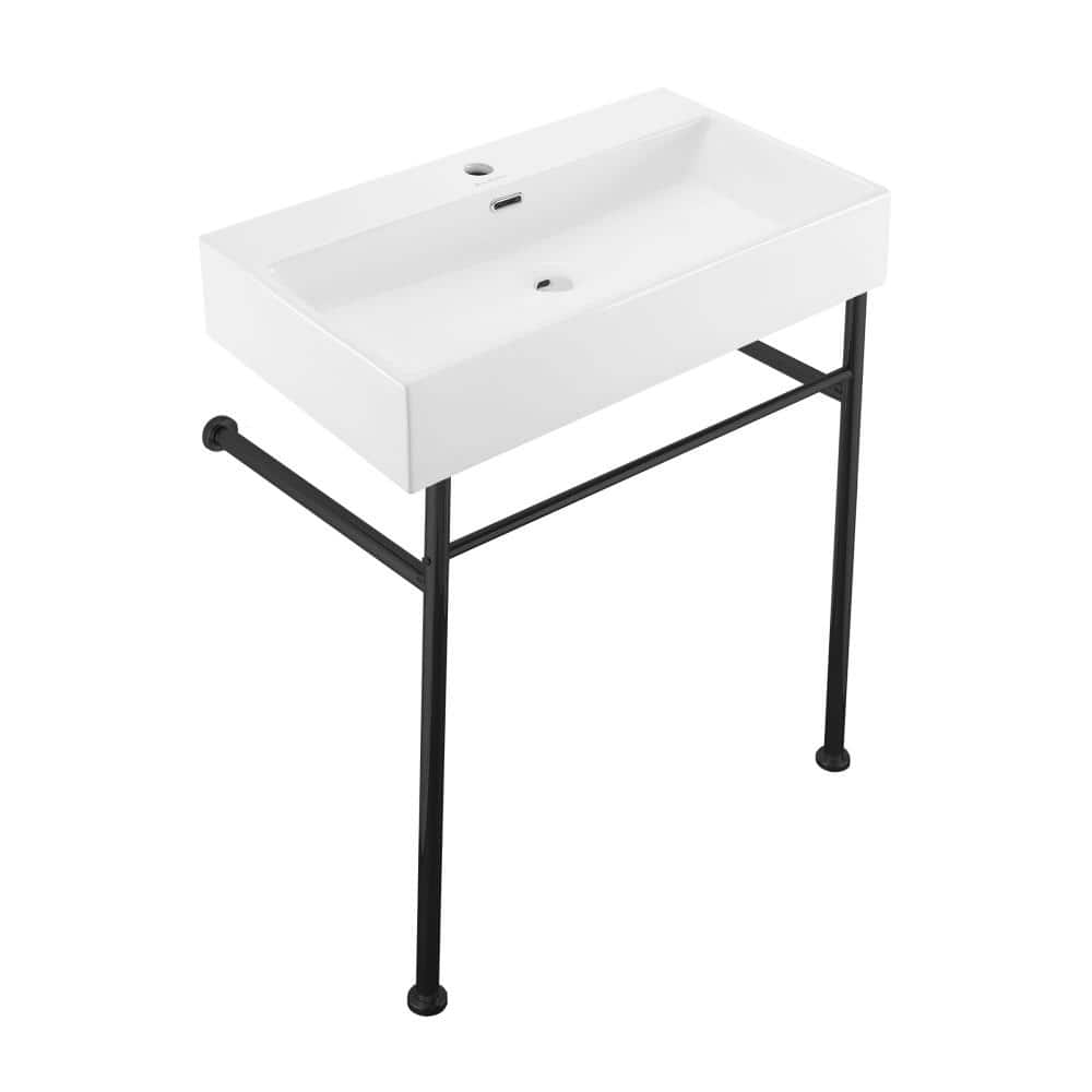 Ceramic Bathroom Console Sink with Metal Leg Support - Glossy White  Porcelain Basin - Commercial Sink for Backyard/ Garage - Complete Utility  Sink Kit