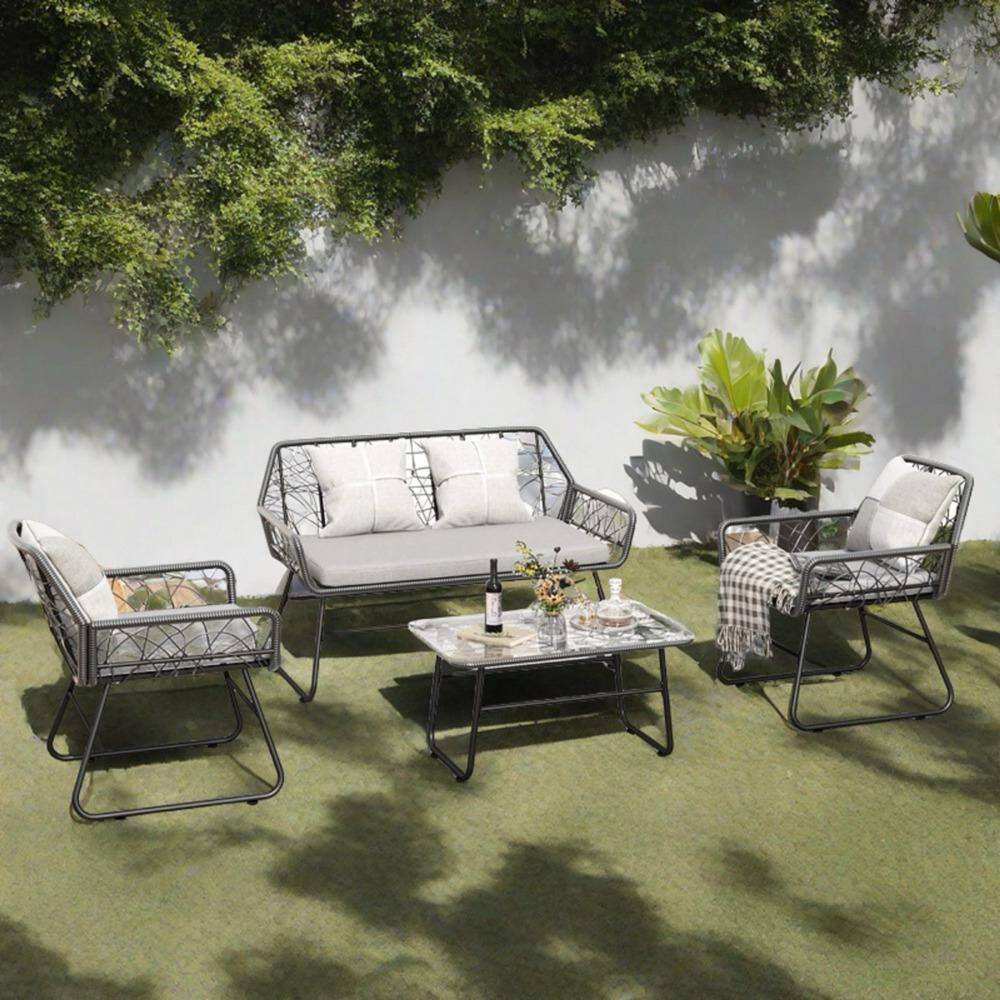 Black 4-Piece Wicker Patio Conversation Set with Grey Cushion with Tempered Glass Table price history on PriceWatchPro