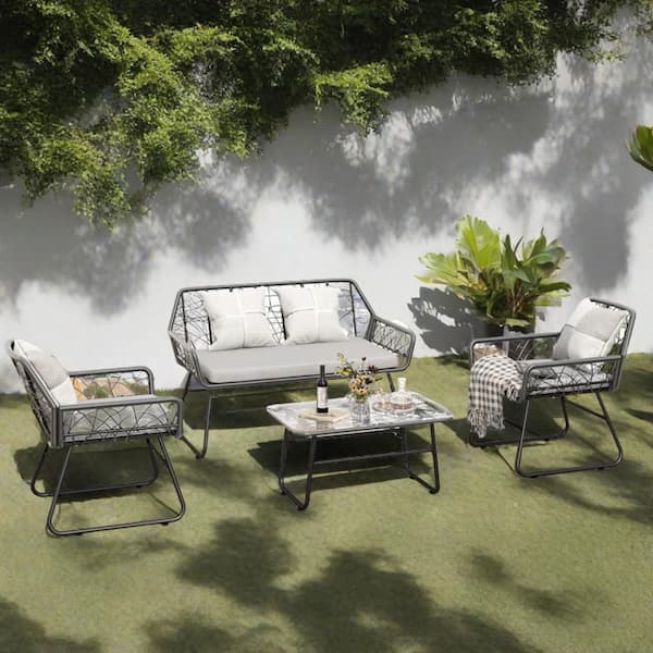 cenadinz Black 4-Piece Wicker Patio Conversation Set with Grey Cushion with Tempered Glass Table