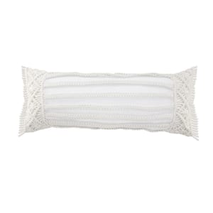 Macrame 14 in. x 36 in. Ivory Rectangle Hand Made Indoor Outdoor Lumbar Pillow