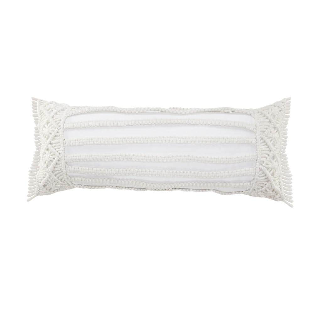 Macrame 14 in. x 36 in. Ivory Rectangle Hand Made Indoor Outdoor Lumbar Pil
