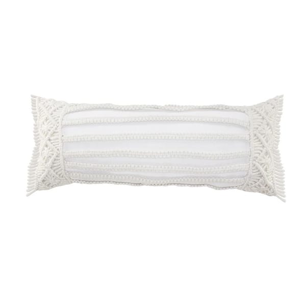 Unbranded Macrame 14 in. x 36 in. Ivory Rectangle Hand Made Indoor Outdoor Lumbar Pillow