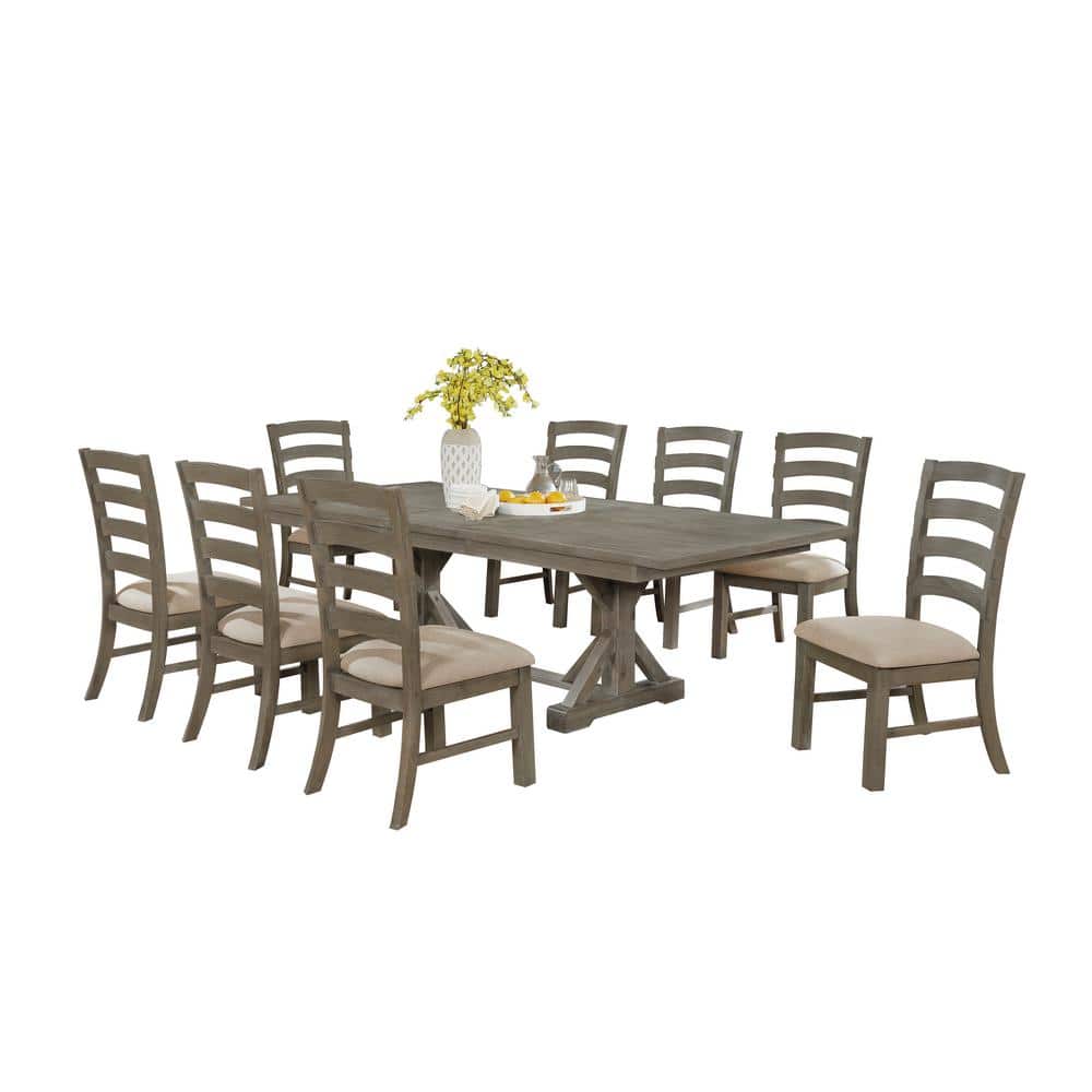Rustic Trestle 9-Piece Dining Set with Beige Linen Chairs