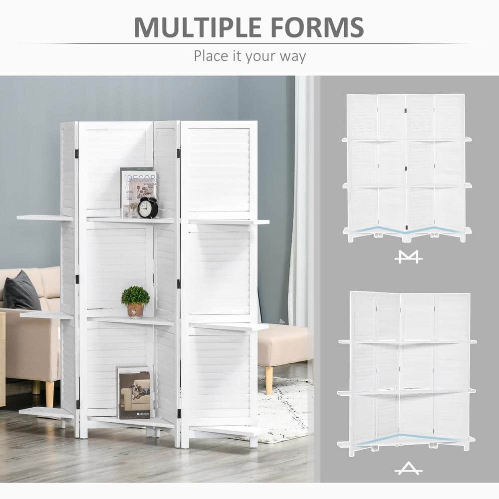 White Wood 4-Panel Folding Room Divider with Shelves
