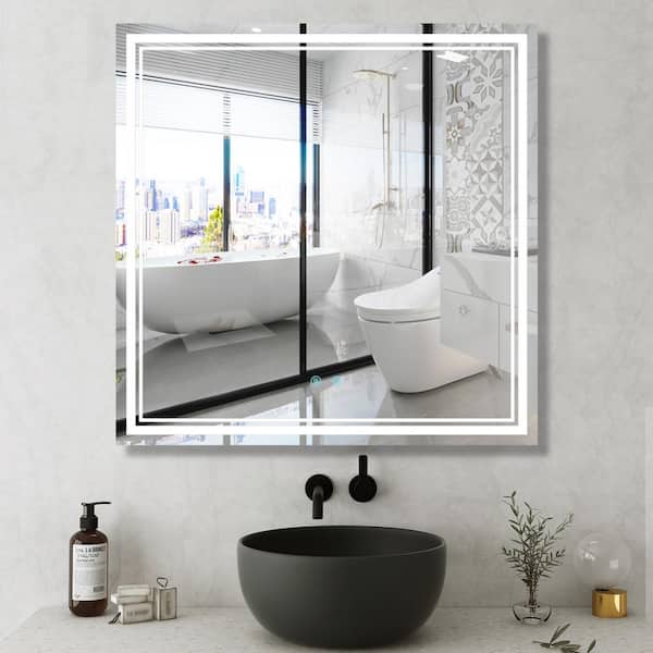 WELLFOR 36 in. W x 36 in. H Square Frameless Wall Mounted LED Anti-Fog Bathroom Vanity Mirror in Silver
