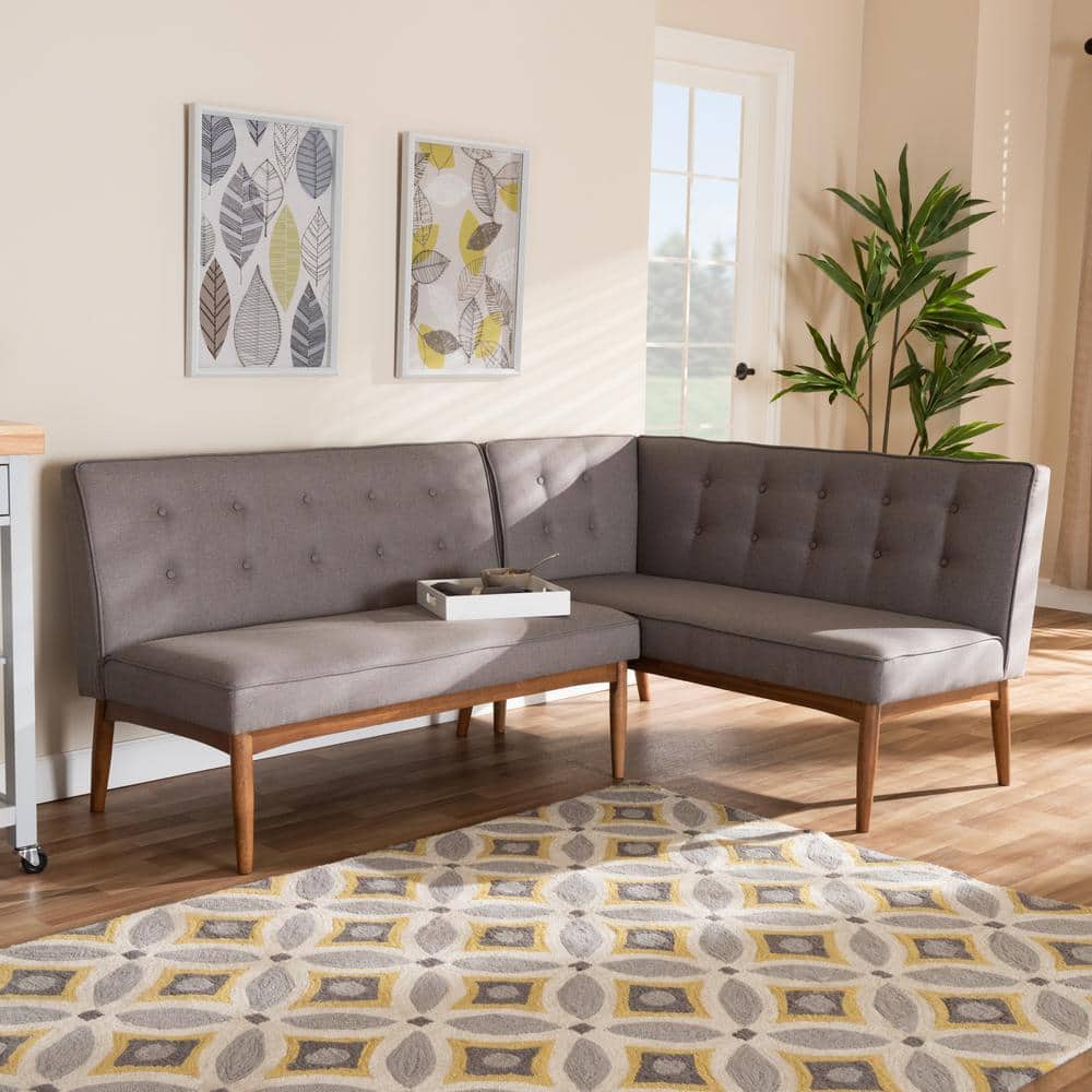 Gray Tufted Linen Two-Piece Armless Wood Banquette Set