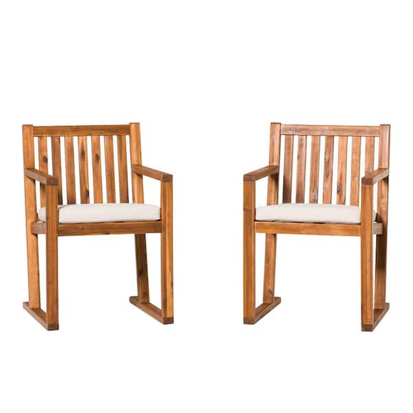 Walker Edison Furniture Company Brown Modern Slatted Wood Outdoor Dining Chair with Bisque Cushion (2-Pack)