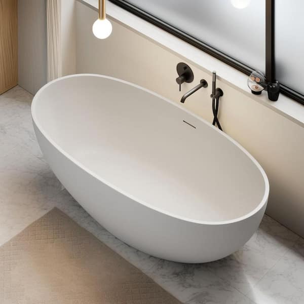 63 in. x 31 in. Solid Surface Stone Resin Flatbottom Freestanding Double Slipper Soaking Bathtub in Matte White