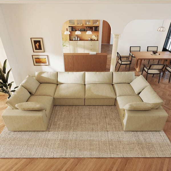 Minimalist 157 in. Square Arm Down Filled Linen 6-Piece Cloud Modular Sectional Sofa Couch in Khaki with Removable Cover
