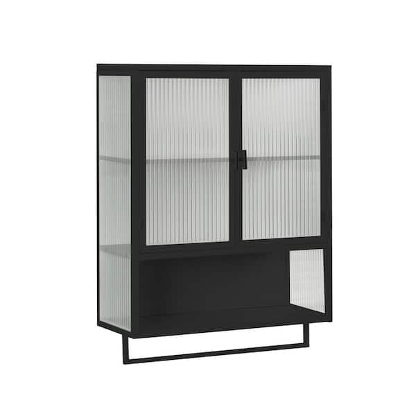 Miscool Anky 23.62 in. W x 9.06 in. D x 30.71 in. H Bathroom Storage Wall Cabinet with Glass Door and Towel Rack in Black