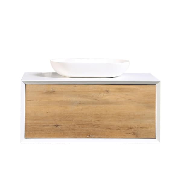36 in. W x 22 in. D x 16 in. H Wall-Mounted Bath Vanity in White Oak with Matt White solid surface Top