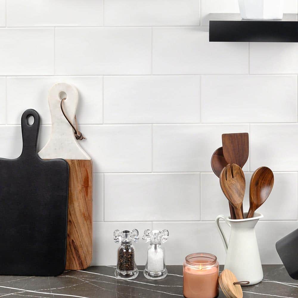 Antigua White Polished Ceramic Subway Wall Tile, 5" x 10"