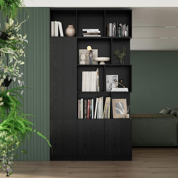 FUFU&GAGA 87 in. Tall x 47.2 in. W Black Wood 16-Shelf Accent Bookcase Bookshelf With Door Cabinets, Open Shelves