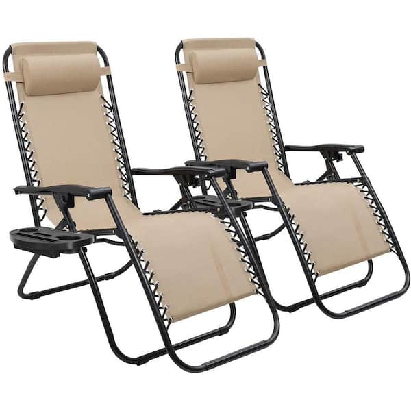 Tozey 2-Piece Beige Zero Gravity Black Metal Lawn Chair Set Adjustable Folding Beach Chair with Pillows and Cup Holders
