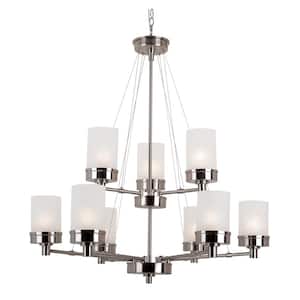 Fusion 9-Light Brushed Nickel Tiered Chandelier Light Fixture with Frosted Glass Shades