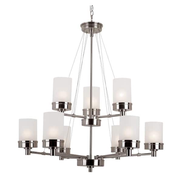 Bel Air Lighting Fusion 9-Light Brushed Nickel Tiered Chandelier Light Fixture with Frosted Glass Shades