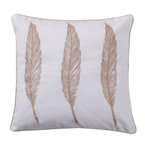 Pisa White, Gold Embroidered Feathers 18 in. x 18 in. Throw Pillow