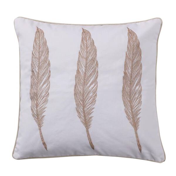 LEVTEX HOME Pisa White, Gold Embroidered Feathers 18 in. x 18 in. Throw Pillow