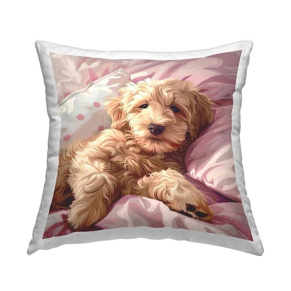 Stupell Industries Sleepy Labradoodle in Bed Pink Print Polyester 18 in. X 18in. Throw Pillow