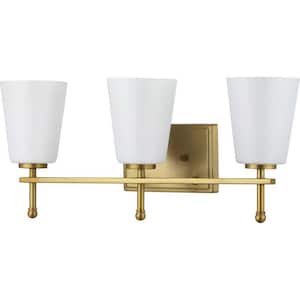 Glenville 7.3 in. 3-Light Satin Brass Vanity Light with Etched White Glass Shades