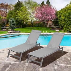All Weather Grey 2-Piece Metal Aluminum Outdoor Chaise Lounge Chairs, Adjustable Recliner