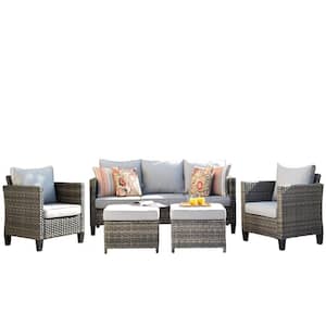 Jupiter Gray 5-Piece Wicker Outdoor Patio Conversation Seating Sofa Set with Gray Cushions