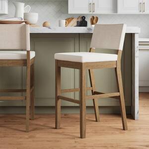 Linus 30 in. Modern Upholstered Bar Stool with Back and Solid Rubberwood Legs in a Wire-Brushed Brown Finish