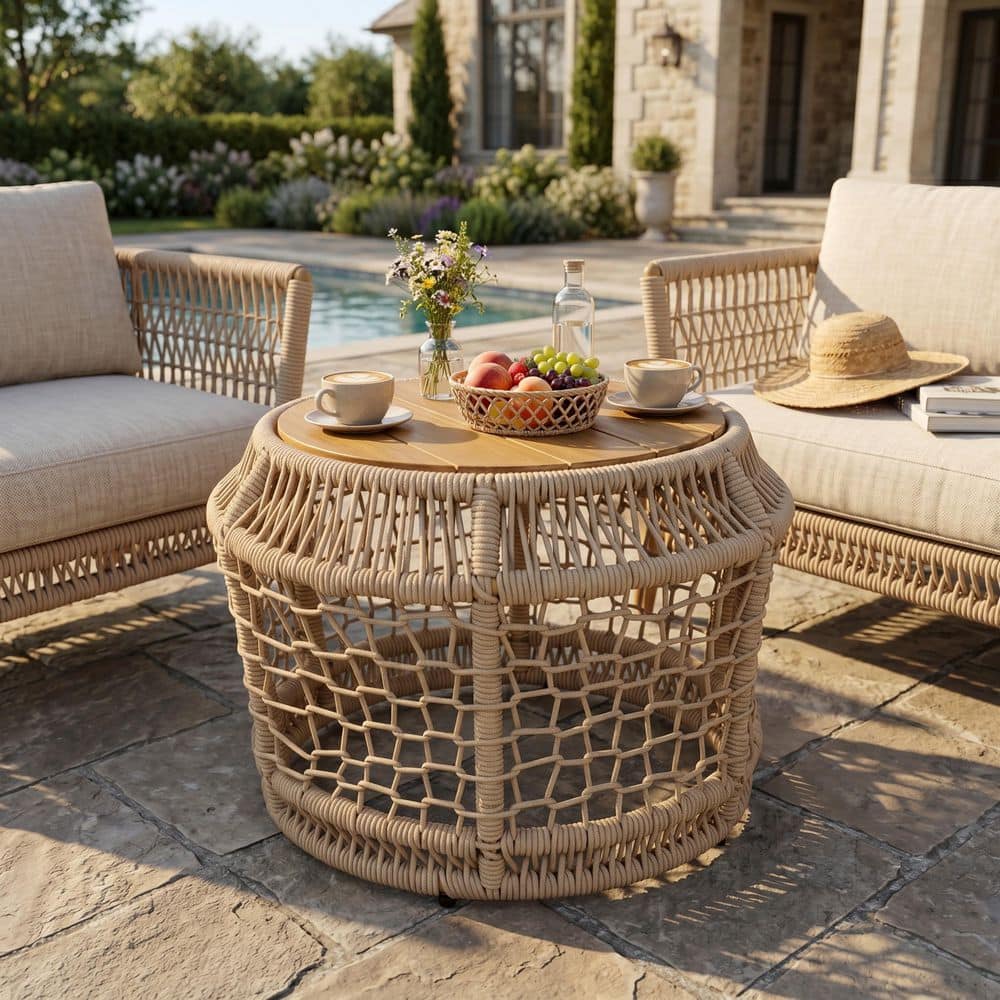 Charlotte Light Beige and Teak Finish Round Rope Woven Patio Outdoor Side Table with Wood Top and Metal Frame price history on PriceWatchPro