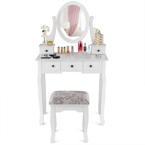 Oval Mirror Stool 5 Storage Drawers, Dressing Table Makeup Desk Vanity