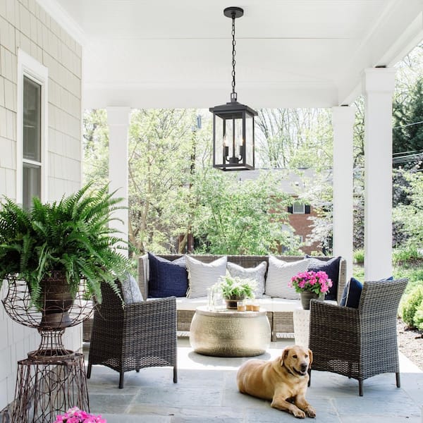 16.25 in. 2-Light Black Outdoor Lantern Pendant Light with Glass Shade