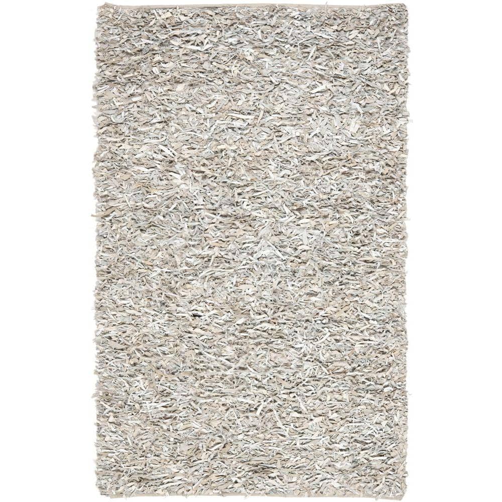White Hand-Knotted Leather Shag Area Rug, 3' x 5'