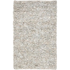 Leather Shag White Doormat 3 ft. x 5 ft. Solid Area Rug