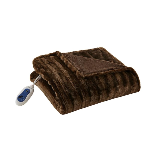 Beautyrest Heated Duke Brown 50 in. x 70 in. Faux Fur Heated Throw