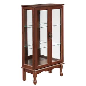 Walnut Lighted Diapaly Cabinet with Adjustable Shelves, Tempered Glass-Doors and Mirrored Back Panel