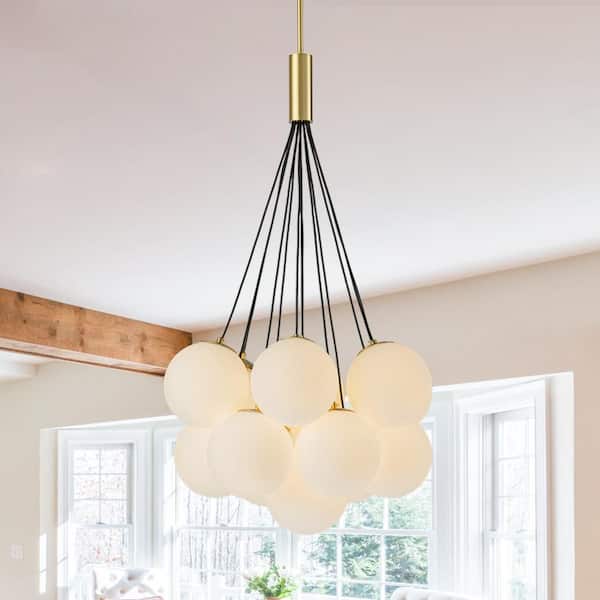 Y'INSP 13 Light Copper Modern Globe Chandelier Milky Glass Shade Sputnik Ceiling Light Fixture Mid Century Bubble Pendant Light