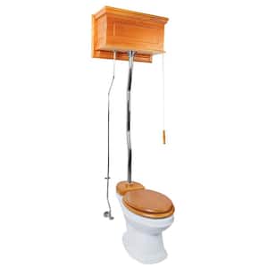 High Tank Toilet 2-Piece 1.6 GPF Single Flush Elongated Bowl in White with Light Oak Tank, Seat Not Included