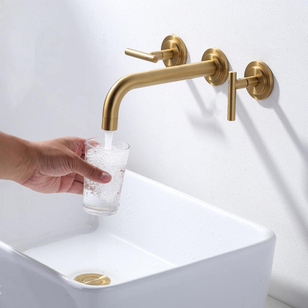 Brushed Gold Wall Mounted Double Handle Brass Faucet
