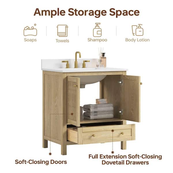 Tyler 31 in. Single Sink Freestanding Light Oak Bath Vanity with White Quartz Top and Backsplash Assembled