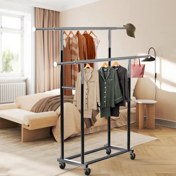 Black Metal Garment Clothes Rack Double Rods 30.5 in. W x 58.75 in