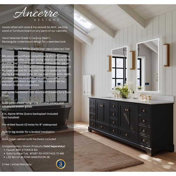Audrey 84 in. W x 22 in. D x 34.3 in. H Double Sinks Bath Vanity in Black Onyx with Alpine White Quartz Top