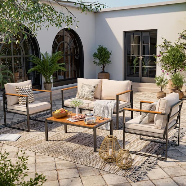 Poteban 4-Piece lron Outdoor Patio Conversation Set With Khaki Cushion Square Frame