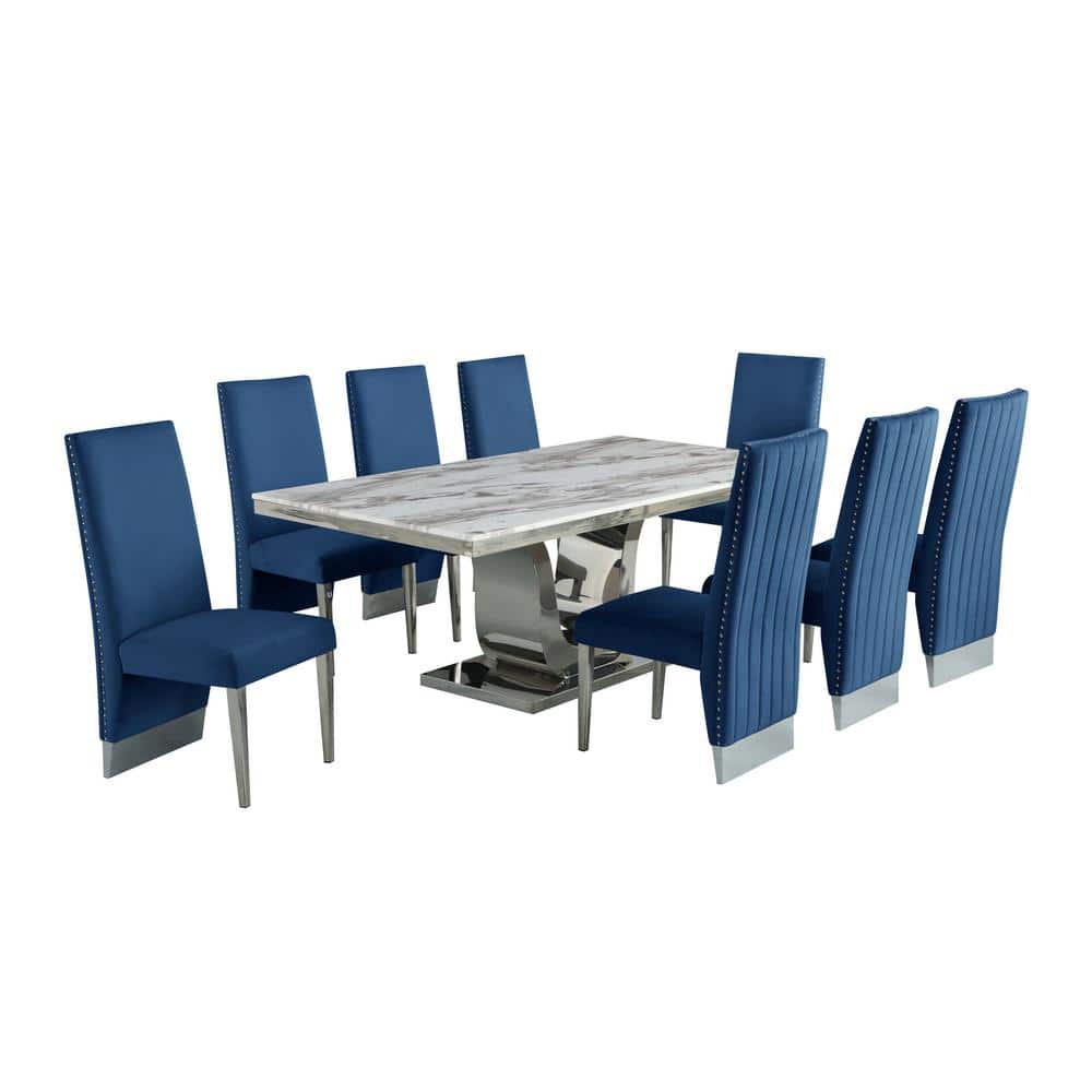 Silver Stainless Steel 9 Piece Dining Set with White Marble Table and Navy Velvet Chairs