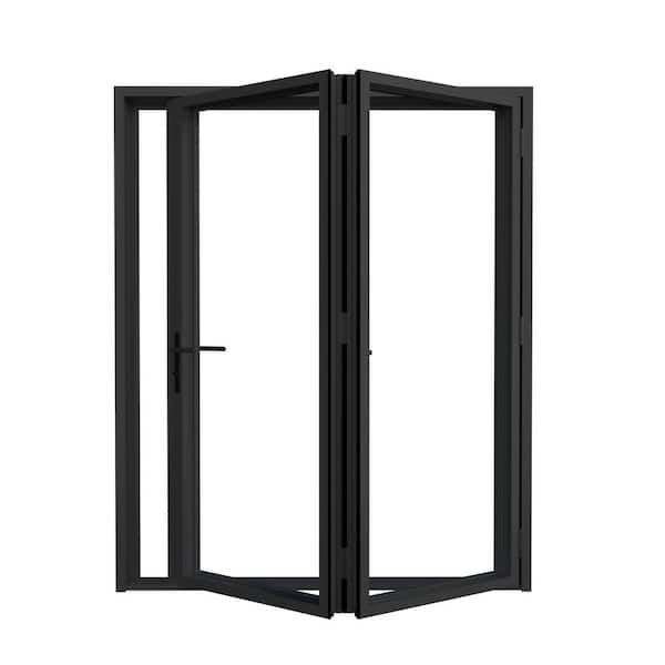 84 in. x 96 in. Right Swing/Outswing Double Tempered Glass Black Aluminum Folding Patio Door