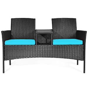 1-Piece Wicker Patio Conversation Set with Turquoise Cushions
