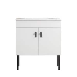 30 in.W x 18 in.D White Rubber Wood Bath Vanity Cabinet with White Ceramic Basin Soft-Close Cabinet Doors and Metal Legs