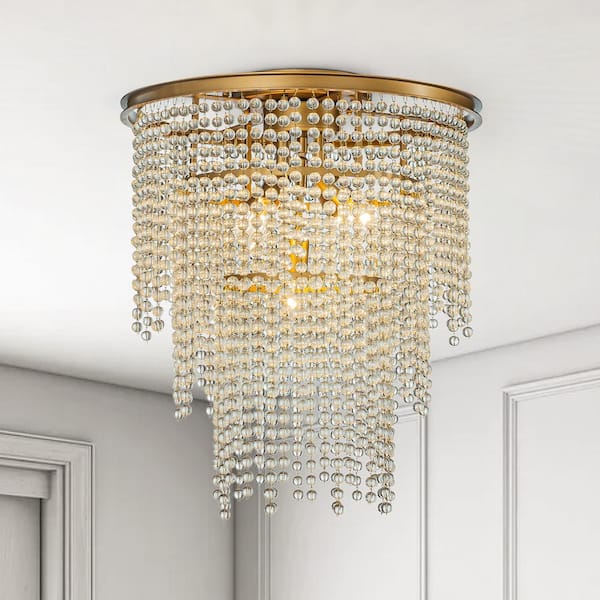 ALOA DECOR 17.7 in. 5-Lights Glam and Elegant Soft Gold Cone Shape Tiered Flush Mount With Clear Glass Beads